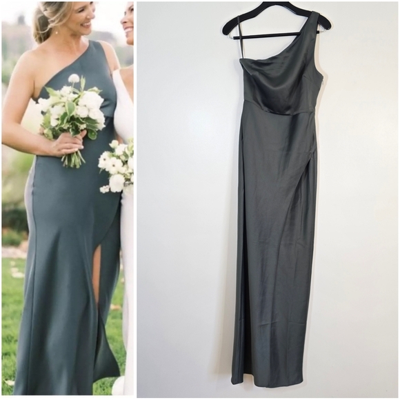 NWT BHLDN Anthropologie One Shoulder Stretch Satin Dylan Dress Dark Gree… - Picture 1 of 11